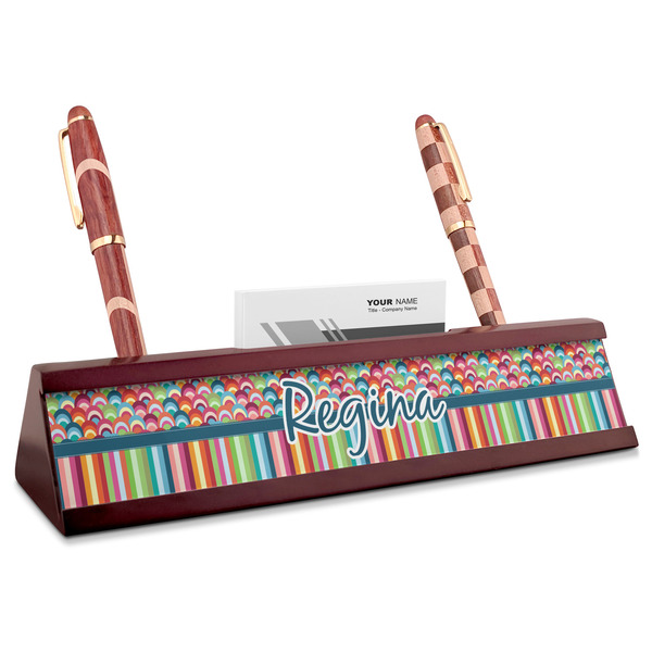 Custom Retro Scales & Stripes Red Mahogany Nameplate with Business Card Holder (Personalized)