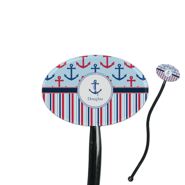 Custom Anchors & Stripes 7" Oval Plastic Stir Sticks - Black - Single Sided (Personalized)