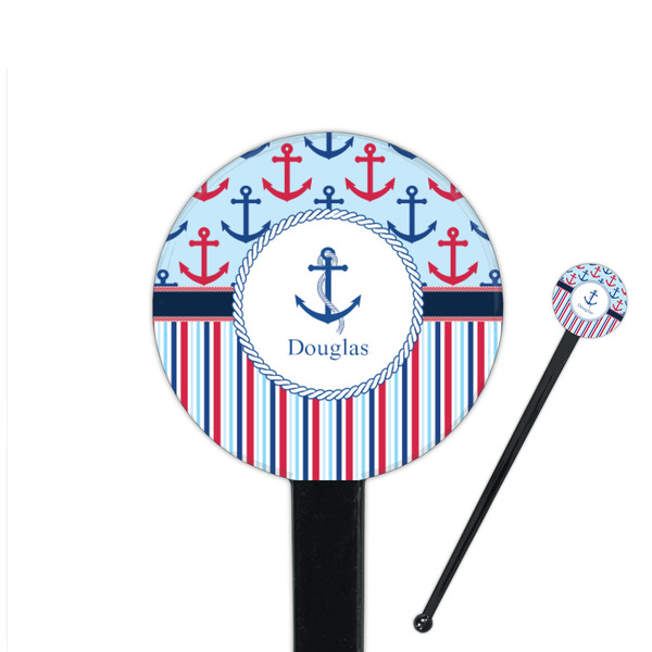 Custom Anchors & Stripes 7" Round Plastic Stir Sticks - Black - Single Sided (Personalized)