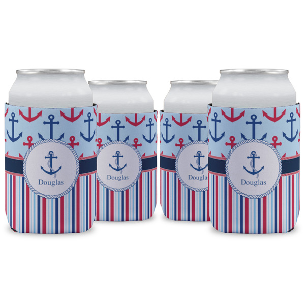 Custom Anchors & Stripes Can Cooler (12 oz) - Set of 4 w/ Name or Text