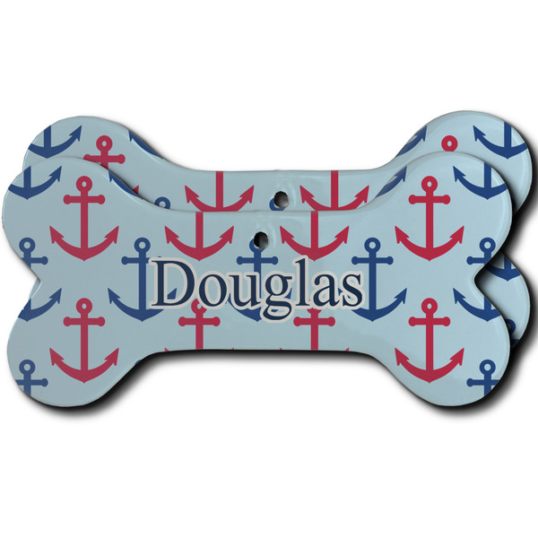 Custom Anchors & Stripes Ceramic Dog Ornament - Front & Back w/ Name or Text