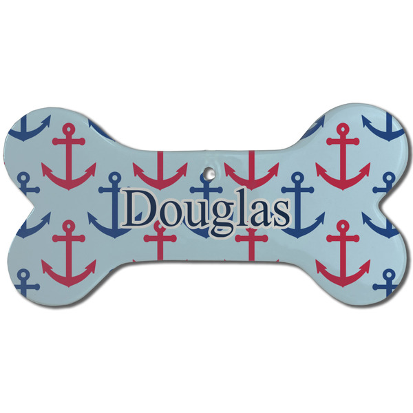 Custom Anchors & Stripes Ceramic Dog Ornament - Front w/ Name or Text