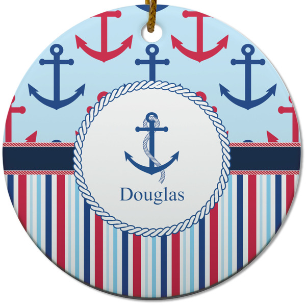 Custom Anchors & Stripes Round Ceramic Ornament w/ Name or Text