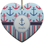 Anchors & Stripes Heart Ceramic Ornament w/ Name or Text