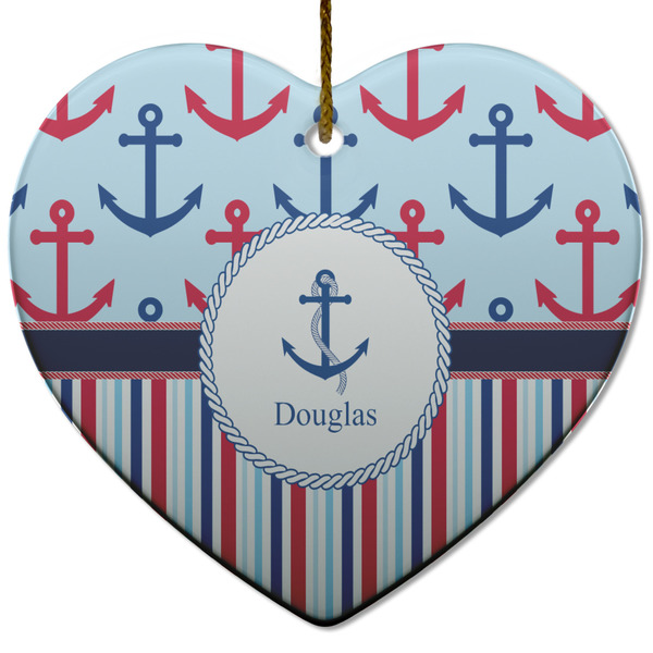 Custom Anchors & Stripes Heart Ceramic Ornament w/ Name or Text