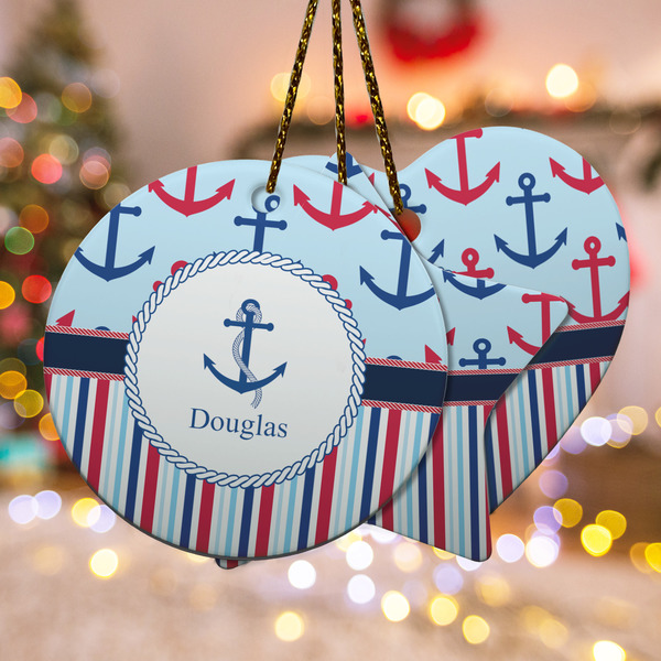 Custom Anchors & Stripes Ceramic Ornament w/ Name or Text