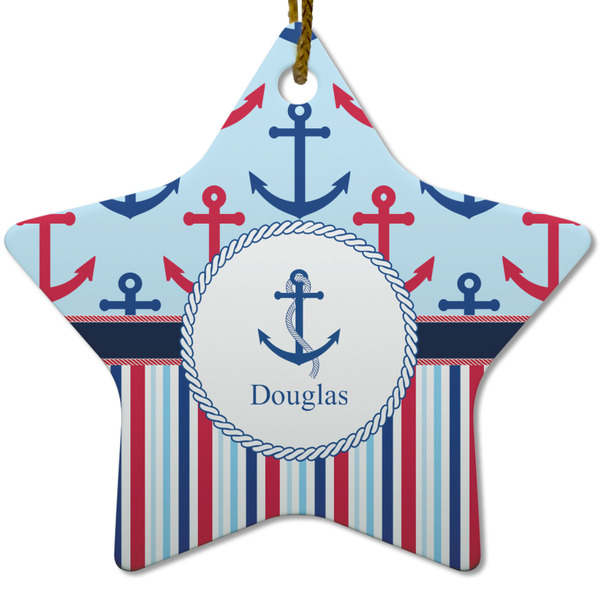 Custom Anchors & Stripes Star Ceramic Ornament w/ Name or Text