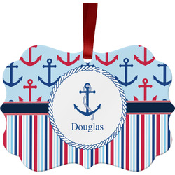 Anchors & Stripes Metal Frame Ornament - Double Sided w/ Name or Text