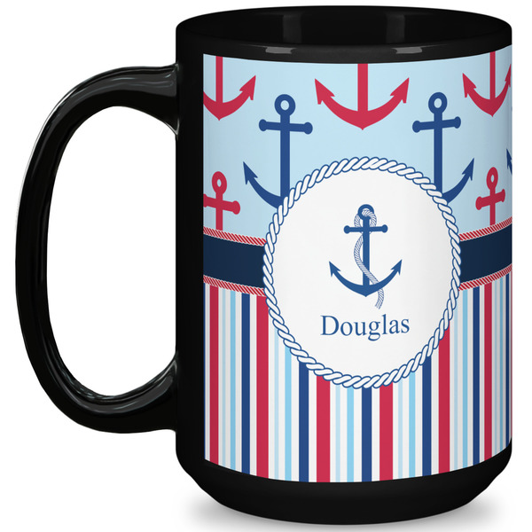 Custom Anchors & Stripes 15 Oz Coffee Mug - Black (Personalized)