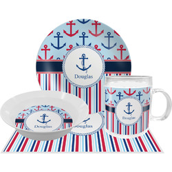 Anchors & Stripes Dinner Set - Single 4 Pc Setting w/ Name or Text