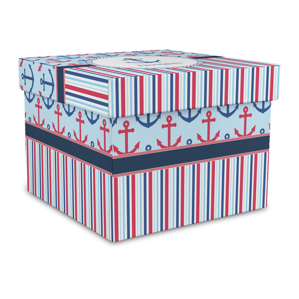 Custom Anchors & Stripes Gift Box with Lid - Canvas Wrapped - Large (Personalized)