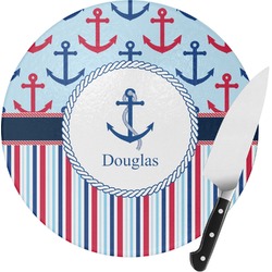 Anchors & Stripes Round Glass Cutting Board - Medium (Personalized)