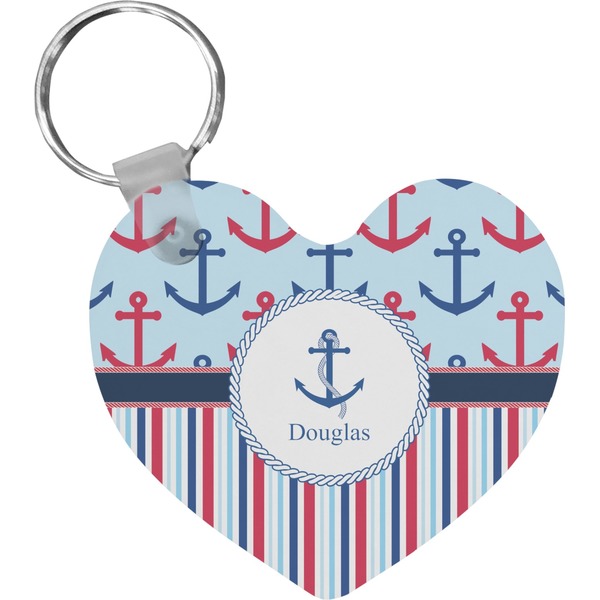 Custom Anchors & Stripes Heart Plastic Keychain w/ Name or Text