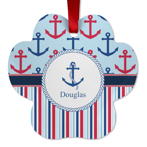 Custom Anchors & Stripes Metal Paw Ornament - Double Sided w/ Name or Text