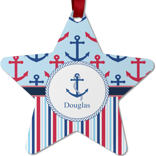 Custom Anchors & Stripes Metal Star Ornament - Double Sided w/ Name or Text