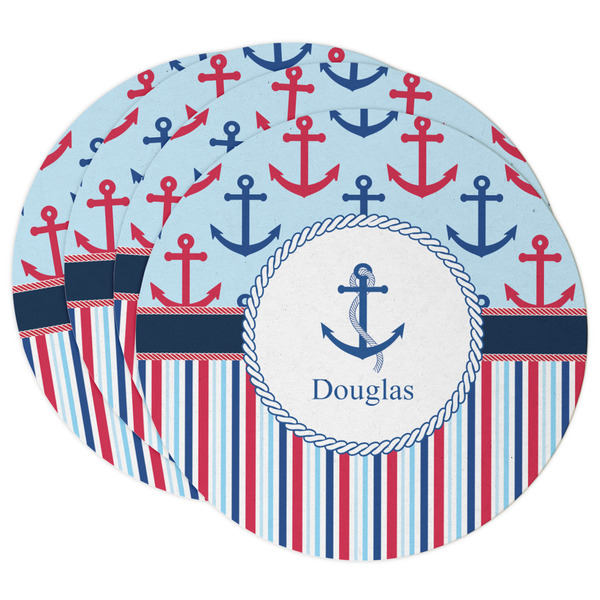 Custom Anchors & Stripes Round Paper Coasters w/ Name or Text