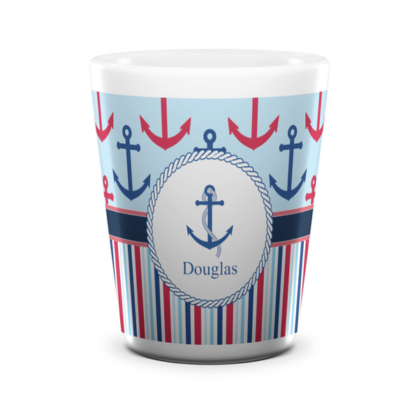 Custom Anchors & Stripes Ceramic Shot Glass - 1.5 oz - White - Set of 4 (Personalized)