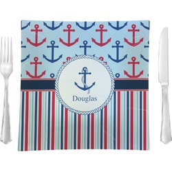 Anchors & Stripes Glass Square Lunch / Dinner Plate 9.5" (Personalized)