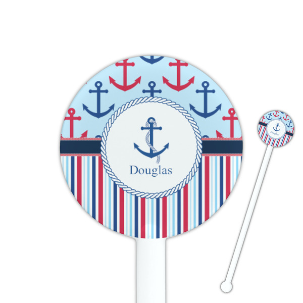 Custom Anchors & Stripes 5.5" Round Plastic Stir Sticks - White - Single Sided (Personalized)