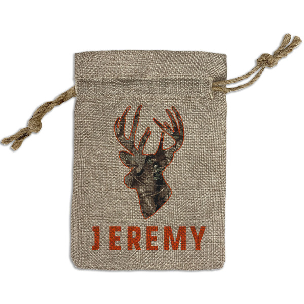 Custom Hunting Camo Small Burlap Gift Bag - Front (Personalized)