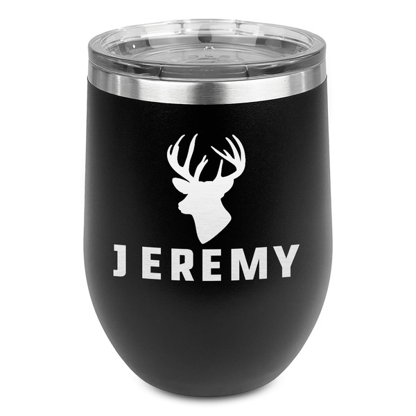 Custom Hunting Camo Stemless Stainless Steel Wine Tumbler - Black - Double Sided (Personalized)