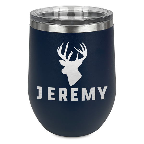 Custom Hunting Camo Stemless Stainless Steel Wine Tumbler - Navy - Double Sided (Personalized)