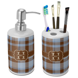 Two Color Plaid Ceramic Bathroom Accessories Set (Personalized)