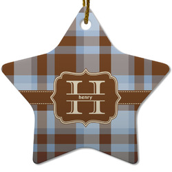 Two Color Plaid Star Ceramic Ornament w/ Name and Initial