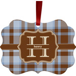 Two Color Plaid Metal Frame Ornament - Double Sided w/ Name and Initial