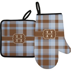 Two Color Plaid Right Oven Mitt & Pot Holder Set w/ Name and Initial