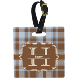 Two Color Plaid Plastic Luggage Tag - Square w/ Name and Initial