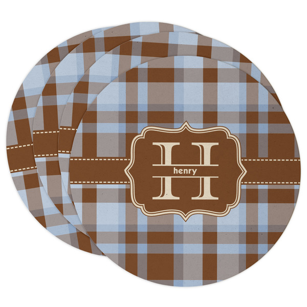 Custom Two Color Plaid Round Paper Coasters w/ Name and Initial