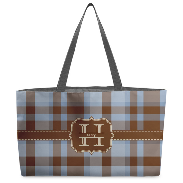 Custom Two Color Plaid Beach Totes Bag - w/ Black Handles (Personalized)