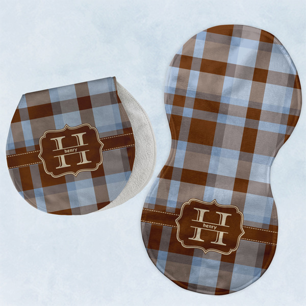 Custom Two Color Plaid Burp Pads - Velour - Set of 2 w/ Name and Initial