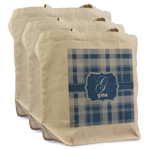 Custom Plaid Reusable Cotton Grocery Bags - Set of 3 (Personalized)