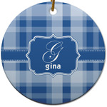 Plaid Round Ceramic Ornament w/ Name and Initial