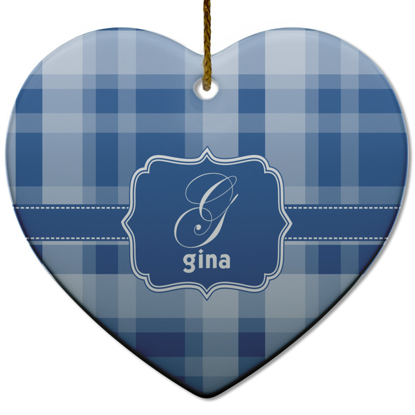 Custom Plaid Heart Ceramic Ornament w/ Name and Initial