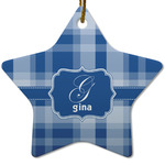 Plaid Star Ceramic Ornament w/ Name and Initial