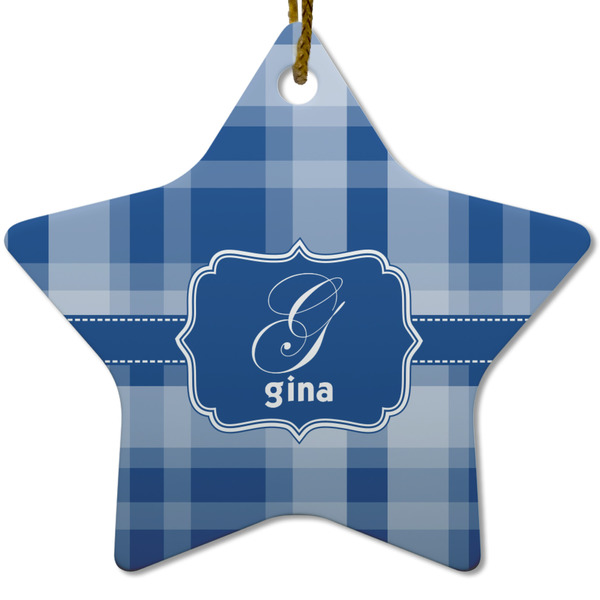 Custom Plaid Star Ceramic Ornament w/ Name and Initial