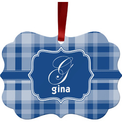 Plaid Metal Frame Ornament - Double Sided w/ Name and Initial