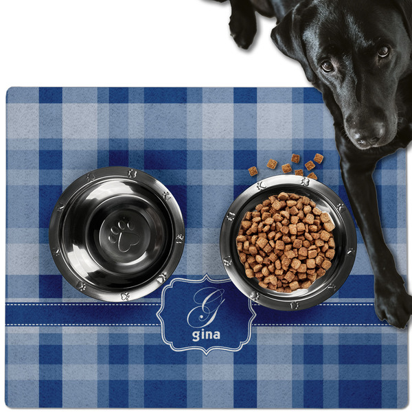 Custom Plaid Dog Food Mat - Large w/ Name and Initial