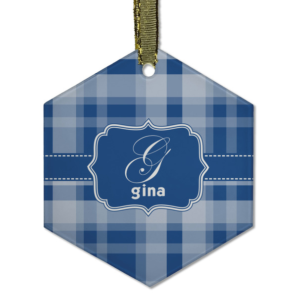 Custom Plaid Flat Glass Ornament - Hexagon w/ Name and Initial