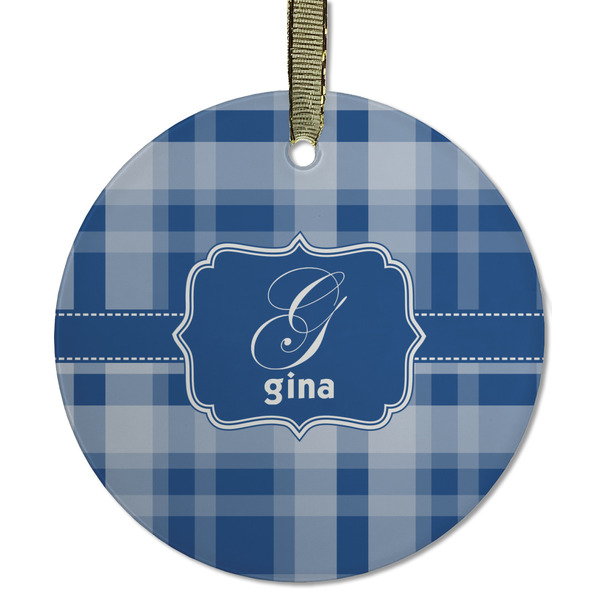 Custom Plaid Flat Glass Ornament - Round w/ Name and Initial