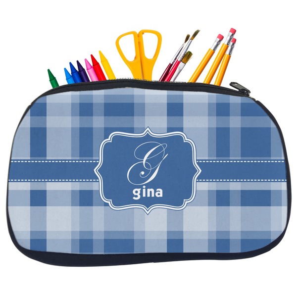 Custom Plaid Neoprene Pencil Case - Medium w/ Name and Initial