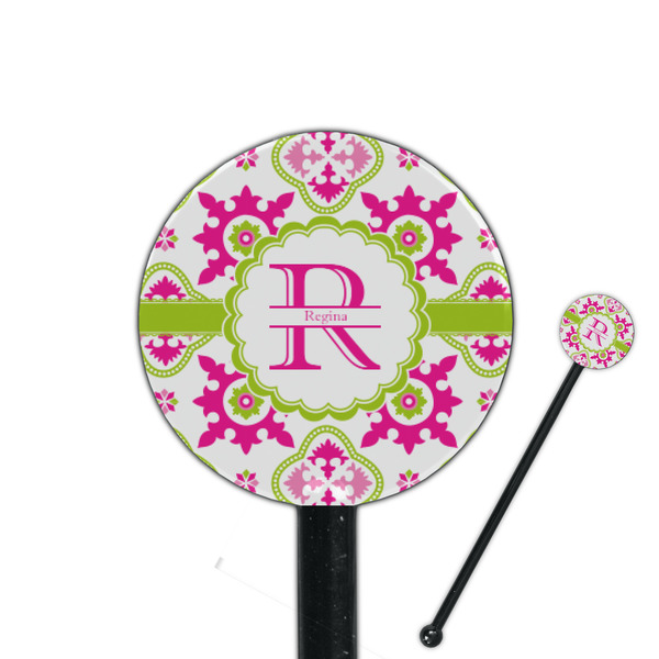 Custom Suzani Floral 5.5" Round Plastic Stir Sticks - Black - Double Sided (Personalized)