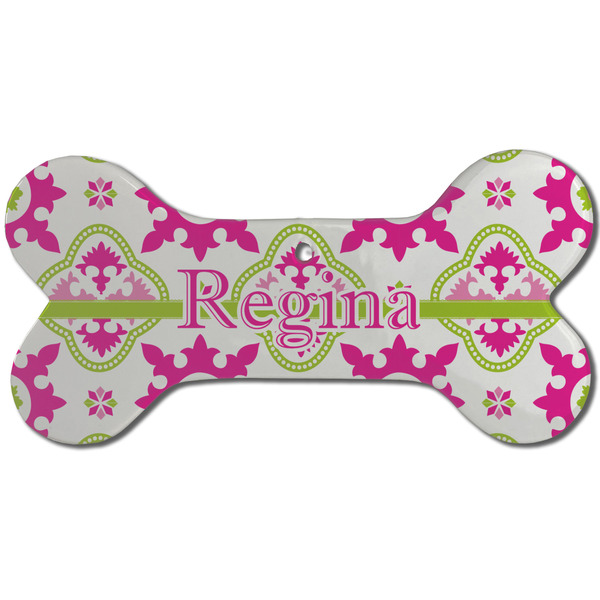 Custom Suzani Floral Ceramic Dog Ornament - Front w/ Name and Initial