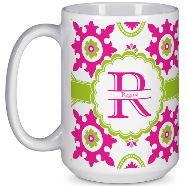 Custom Suzani Floral 15 Oz Coffee Mug - White (Personalized)