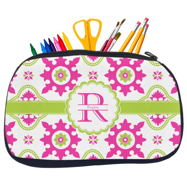 Custom Suzani Floral Neoprene Pencil Case - Medium w/ Name and Initial