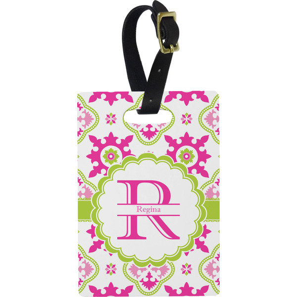 Custom Suzani Floral Plastic Luggage Tag - Rectangular w/ Name and Initial