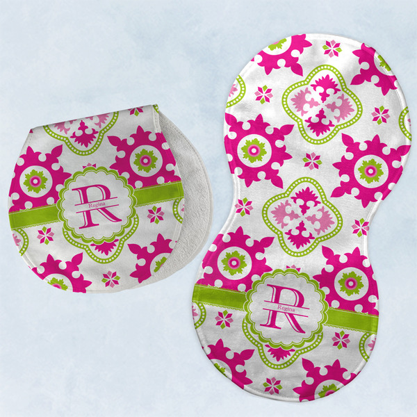 Custom Suzani Floral Burp Pads - Velour - Set of 2 w/ Name and Initial